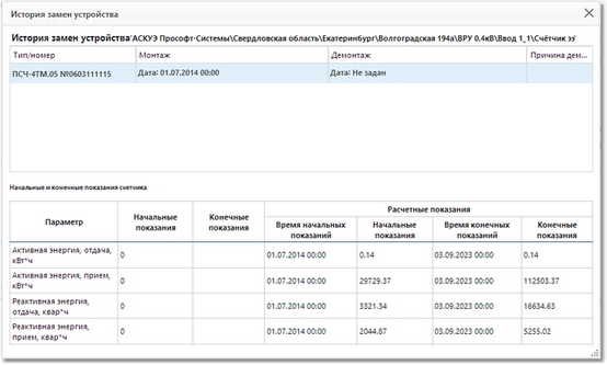 Окно истрии замен компонента комплекса