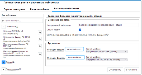 Страница " Группы точек учета и расчетные web-схемы"